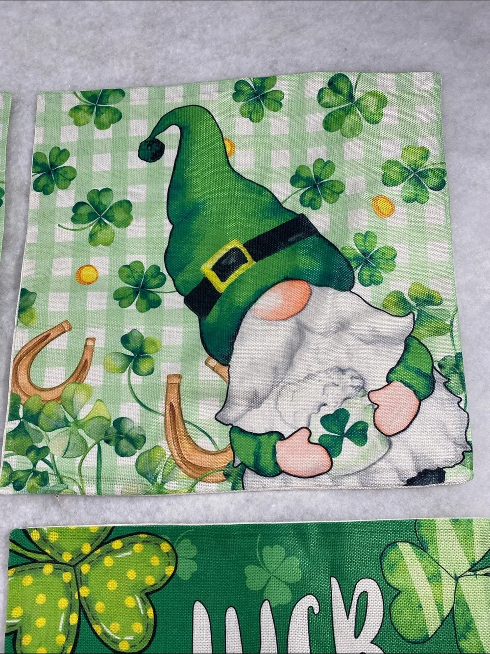 4 green Happy St. Patrick’s day themed pillow covers. Gnomes, clovers and gold